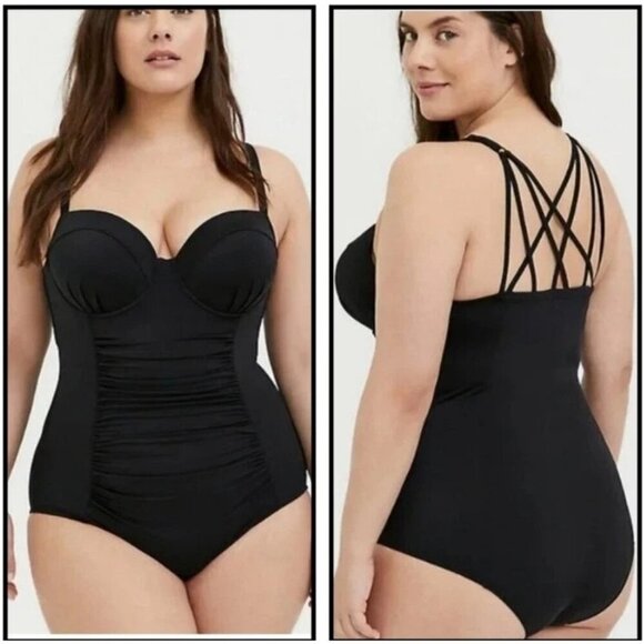 TORRID black strappy push up swimsuit one piece women's plus 3X removeable pads - Picture 4 of 5